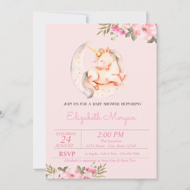 Söt enhörning månad blommig baby shower inbjudningar (Framsida)