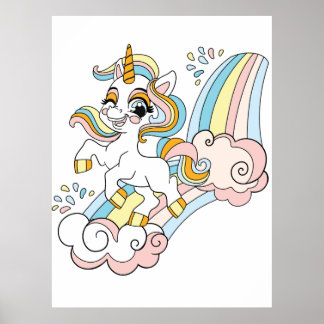 Söt enhörning på en regnbåge poster