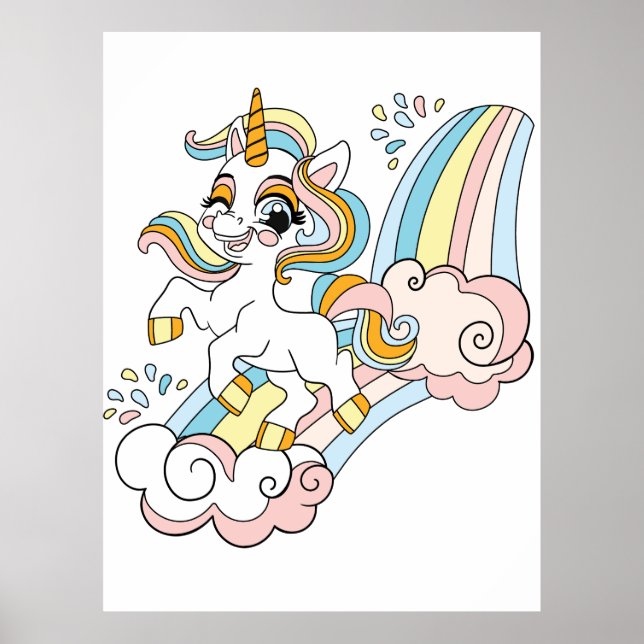 Söt enhörning på en regnbåge poster (Framsidan)