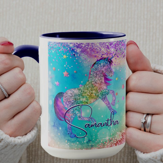 Söt enhörning rosa glitter regnbåge aqua monogram mugg (Skapare uppladdad)