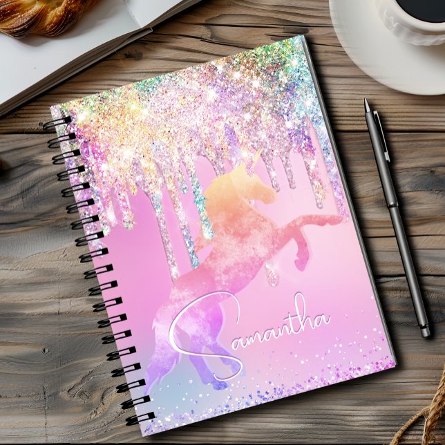 Söt enhörning rosa Glitter regnbåge Dropar monogra Anteckningsbok (Skapare uppladdad)