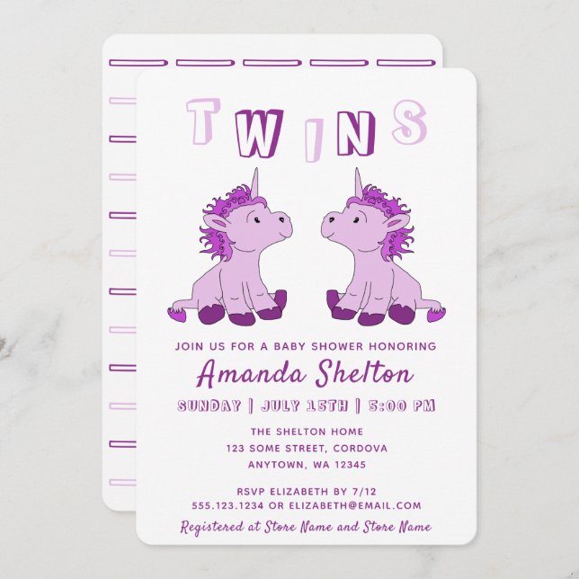Söt Enhörning Rosa Tvillingar Flickor Baby Shower Inbjudningar (Fram/baksida)