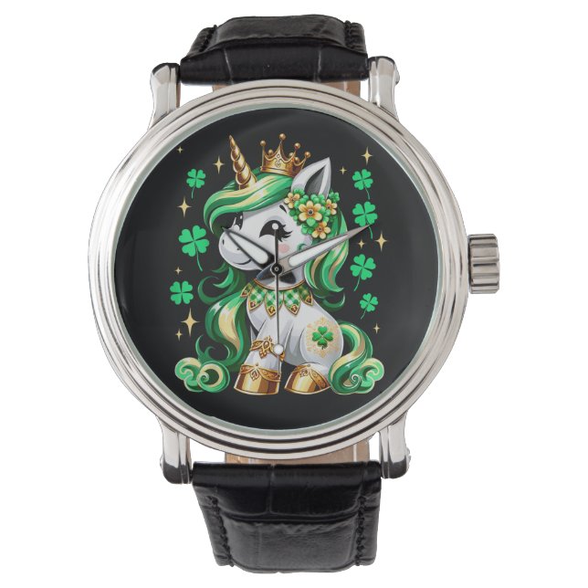 Söt Enhörning Shamrock St Patricks Day  Armbandsur (Framsida)