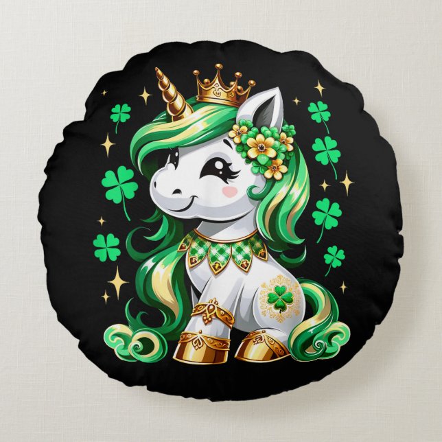 Söt enhörning Shamrock St Patricks Day Rund Kudde (Framsidan)