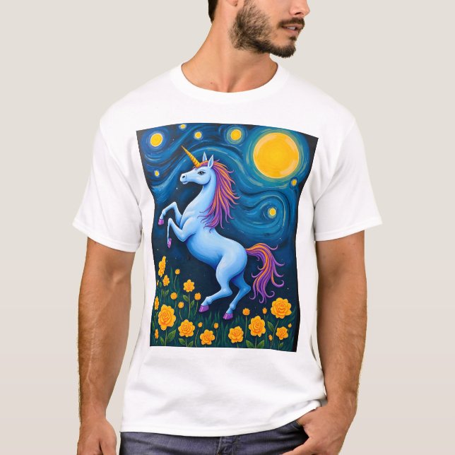 Söt Enhörning Stjärnklar Natt (3) T Shirt (Framsida)