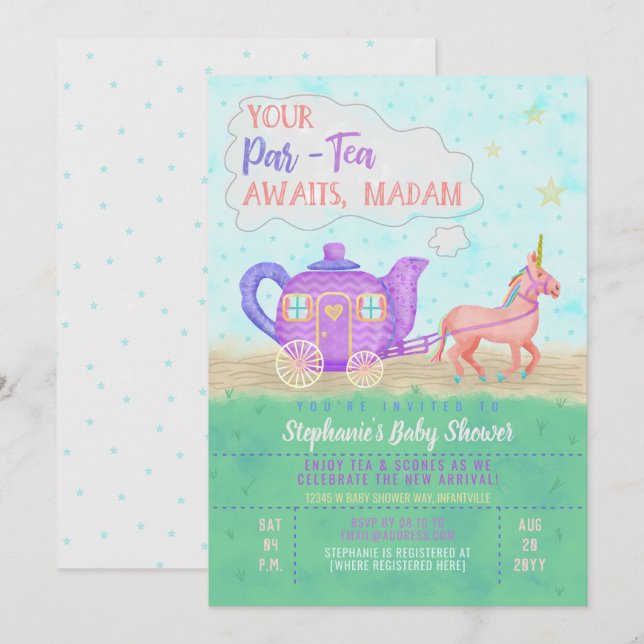 Söt enhörning tebord baby shower inbjudan (Fram/baksida)