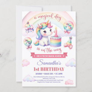 Söt Enhörning Vattenfärg Rosa Flicka 1-årsdag Inbjudningar