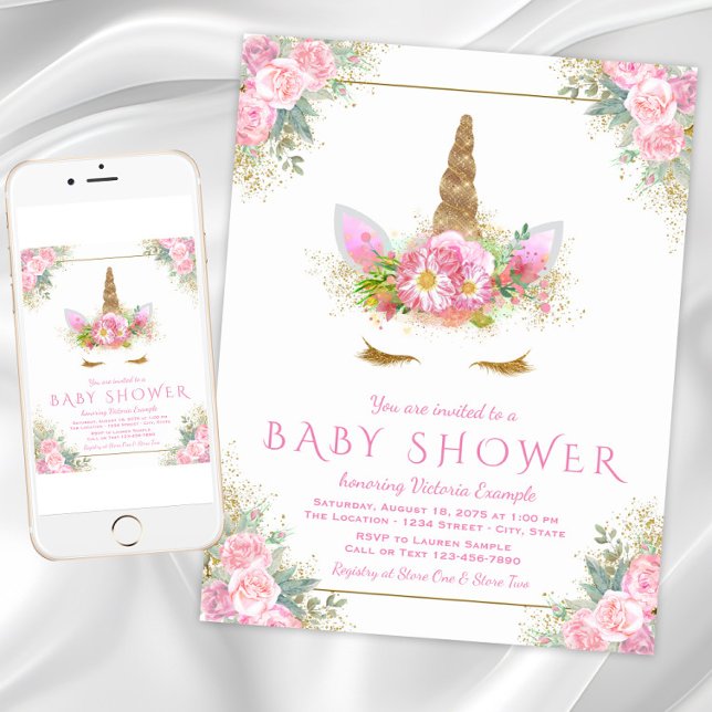Söt Enhörningsansikte Baby Shower-inbjudningar Inbjudningar (Cute pink gold unicorn baby shower invitation. Instant download and printed invitations available.)