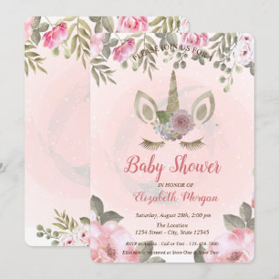 Söt Enhörningsansikte, Blommig Baby Shower Inbjuda Inbjudningar
