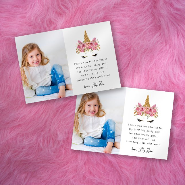 Söt enhörningsfotofödelsedagsfest för barn tack kort (Skapare uppladdad)