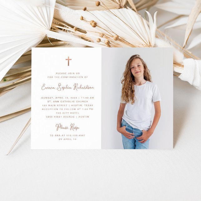 Söt enkel | Bekräftelse av Photo Faux Ro Guld Inbjudningar (An elegant, faux rose gold Confirmation invitation with your photo)
