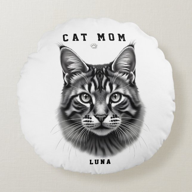 Söt Enkel Design Anpassad Kattmamma Svart Katt Äls Rund Kudde (Framsidan)