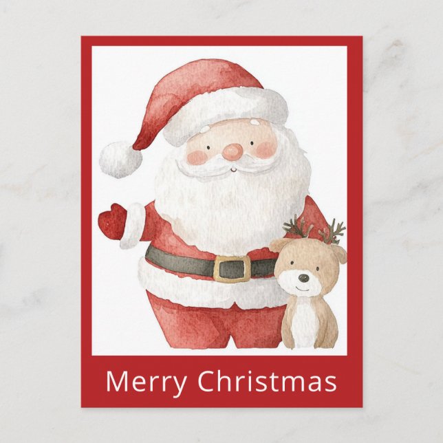 Söt Enkel Jul Vattenfärg Tomte Ren Vykort (Framsida)