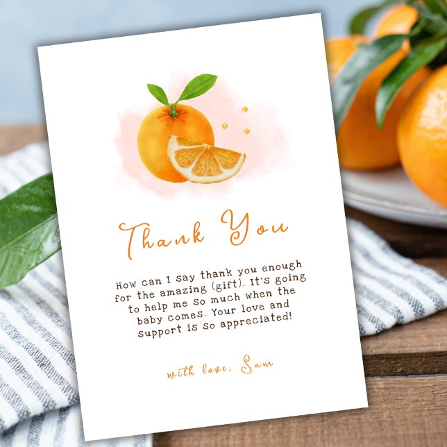 Söt Enkel Söt Orange Citrus Baby Shower Tack Kort (Cute Simple Sweet Orange Citrus Baby Shower Thank You Card)