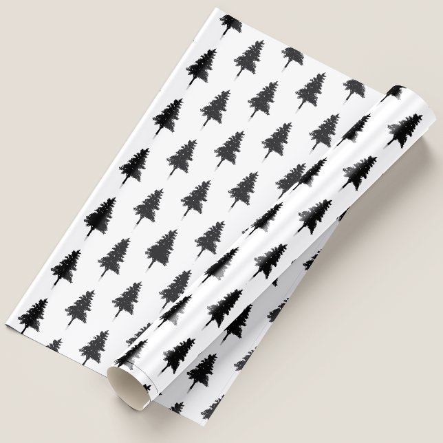 Söt Enkel Svart Och Vit Julgran Presentpapper (Cute Simple Black And White Christmas Tree Wrapping Paper)