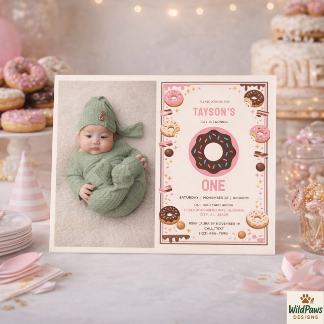 Söt Enmaka Munk 1-års Födelsedagsfest | Söt Munk Inbjudningar (Sweet One Donut 1st Birthday Party | Cute Donut Invitation
)