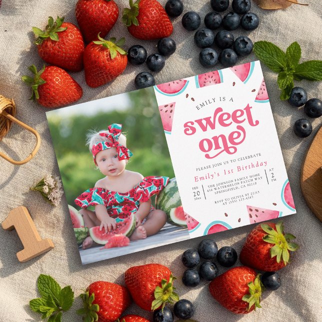 Söt Ensa Vattenmelon Flickor Foto 1-årsdag Inbjudningar (Skapare uppladdad)