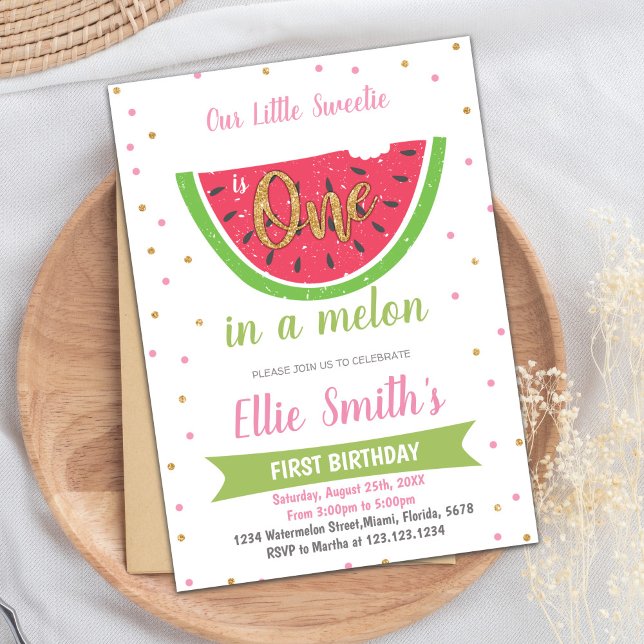 Söt ett av ett Melon 6 månaders Party-kort Inbjudningar (Half Watermelon Birthday Invitations)
