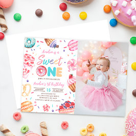 Söt ett Donut Candy 1:a födelsedag Foto Inbjudningar