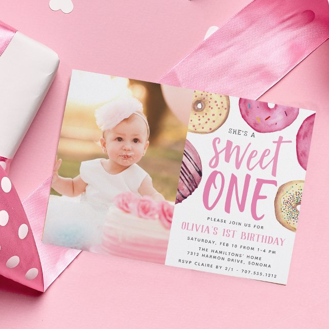 Söt ett | Donut Foto för första Födelsedagsfesten Inbjudningar (Skapare uppladdad)