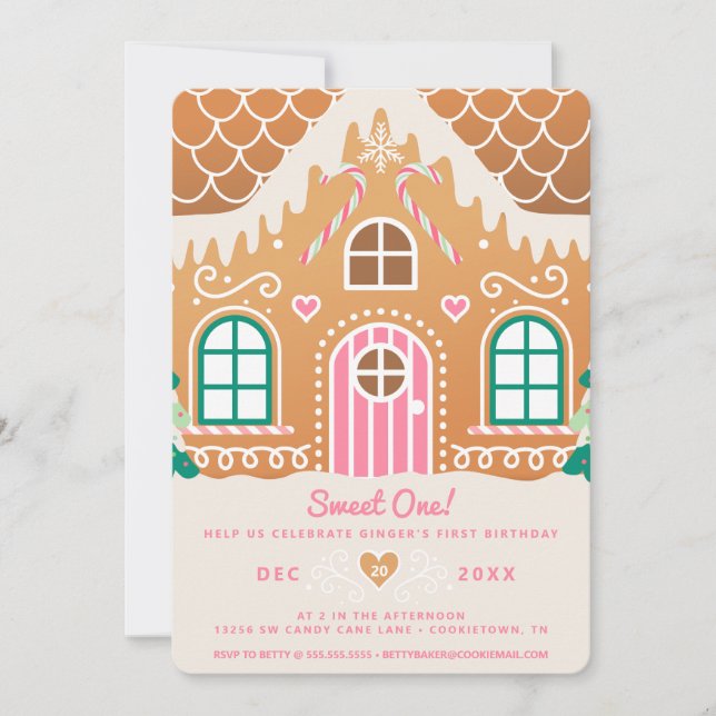 Söt ett första födelsedag Rosa Gingerbröd Inbjudningar (Framsida)