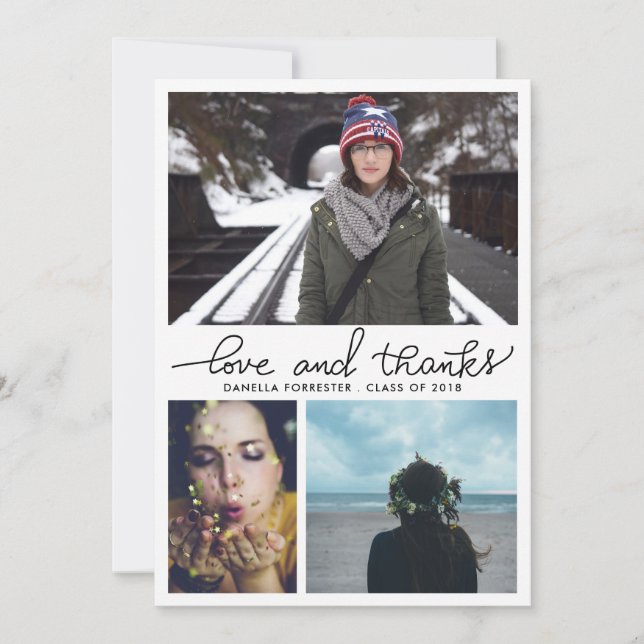 Söt examen kärlek och tack manus tre foton inbjudningar (Framsida)