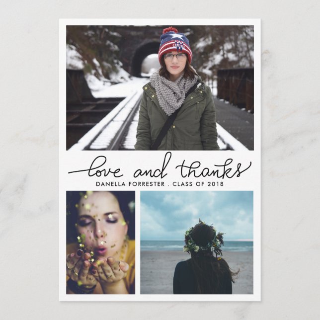 Söt examen kärlek och tack manus tre fotot inbjudningar (Framsida)