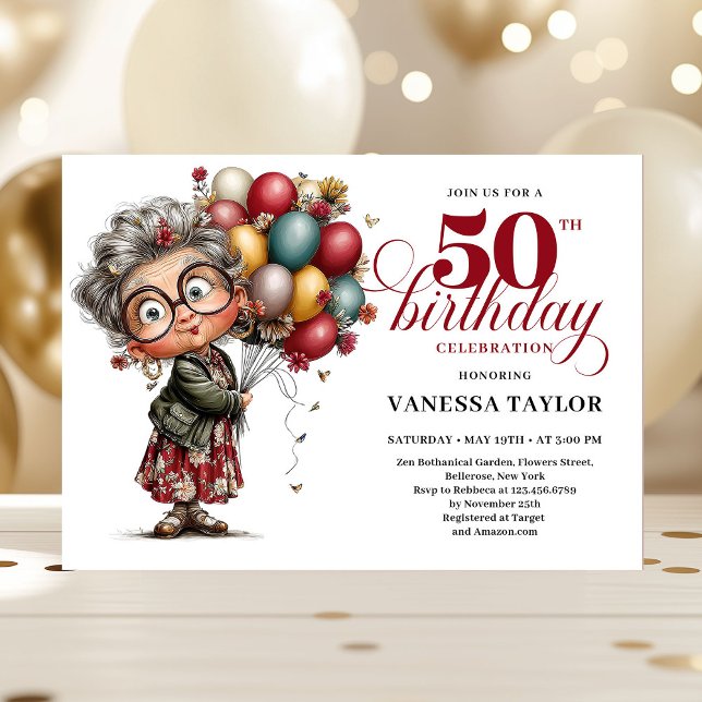 Söt excentrisk dam som fyller 50 rolig födelsedags inbjudningar (Cute quirky lady turning 50 humorous birthday card)