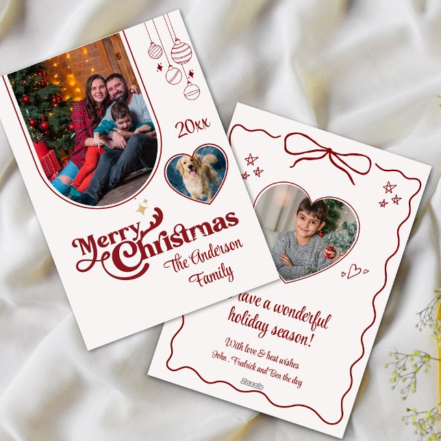 Söt excentrisk klotter jul anpassad 3 foto röd julkort (Skapare uppladdad)