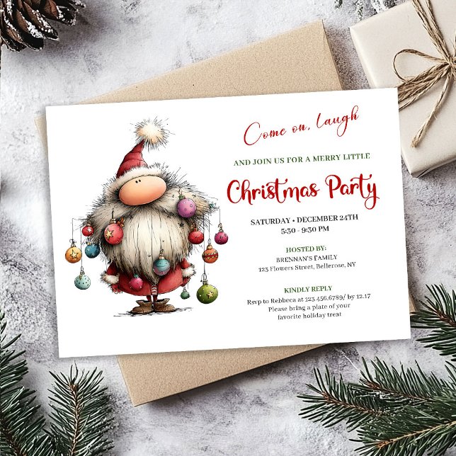 Söt excentrisk tomte modern vattenfärg julinbjudan inbjudningar (Cute Quirky Santa Modern Watercolor Holiday Invite)