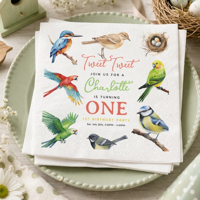Söt Fågel 1-årsdag | Söt Babyfågel-fest Pappersservett (Cute Bird 1st Birthday Party Invitation)