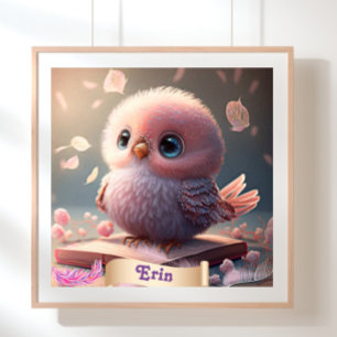 Söt Fågel Bebis Rosa Uggle Bok Personlig Konst Poster