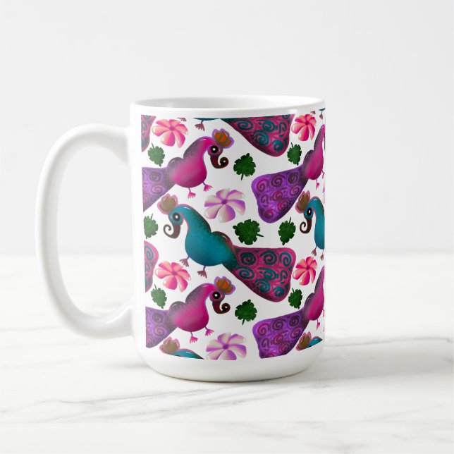 Söt Fågel Blommönster | Färgrika Fåglar Kaffemugg (Vänster)