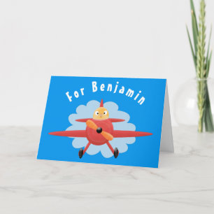 Söt fågel flygande rött flygplan serieillustration kort