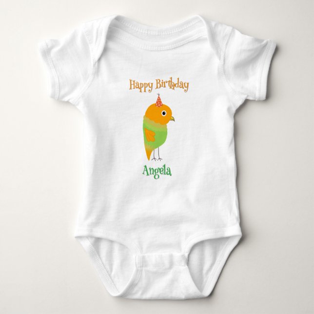Söt Fågel Glad Födelsedag Baby Bodysuit T Shirt (Framsida)