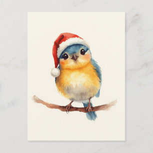 Söt fågel i tomteluva Vattenfärg Jul Helg Vykort