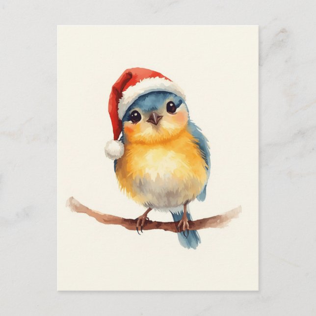 Söt fågel i tomteluva Vattenfärg Jul Helg Vykort (Framsida)