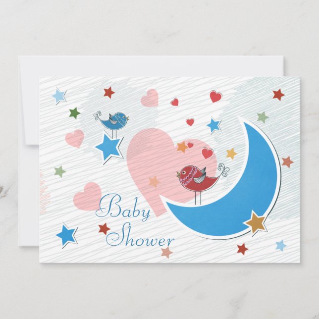 Söt Fågel Måne och Stjärnor Baby Shower Inbjudningar (Framsida)