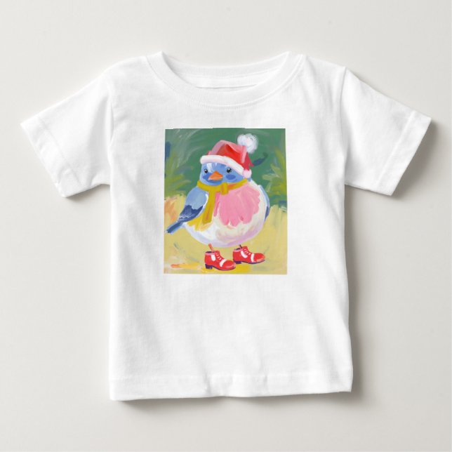 Söt fågel med röda stövlar och en tomtehatt t shirt (Framsida)