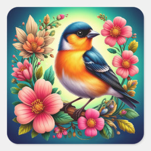 🌸 Söt Fågel och Blommor Presentidé Fyrkantigt Klistermärke