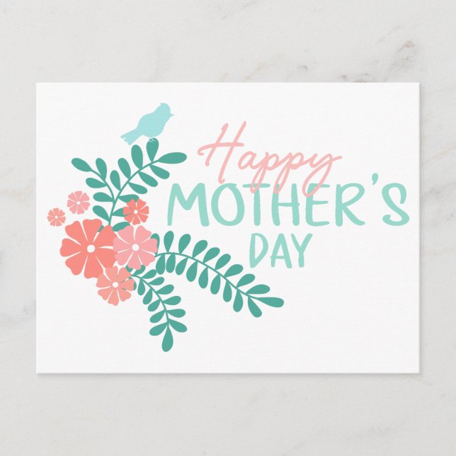 Söt fågel på blomma mors dag design vykort (Framsida)