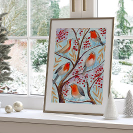 Söt fågel Röd rödhake Blå jul Familj Poster