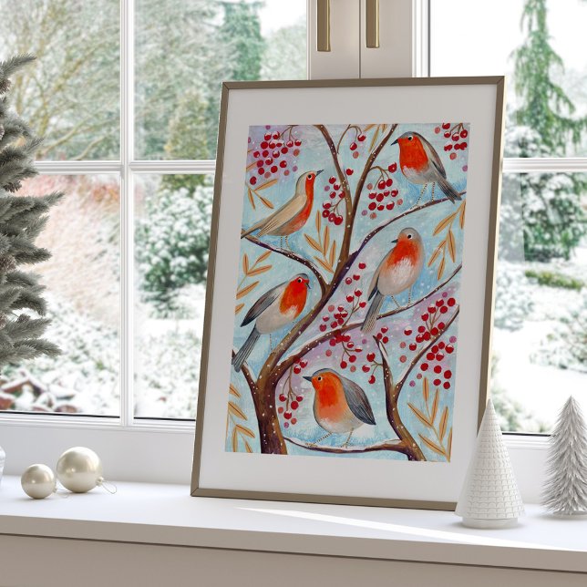 Söt fågel Röd rödhake Blå jul Familj Poster (Cute Bird Red Robin Blue Christmas Family Poster)