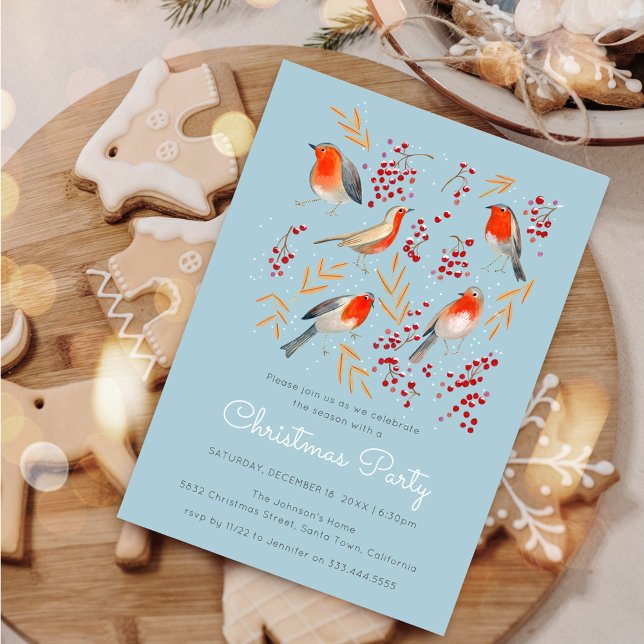 Söt fågel Röd rödhake Blå jul Familjefest Inbjudningar (Cute Bird Red Robin Blue Christmas Family Party Invitation)