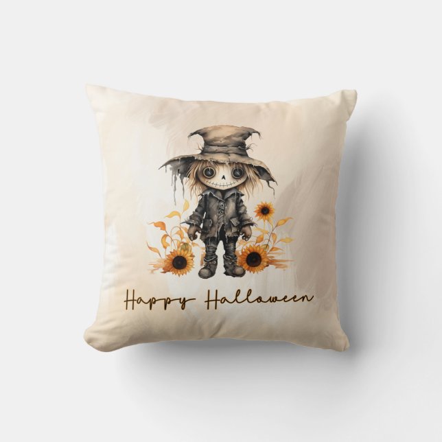 Söt Fågelskrämma Guld Solrosor Glad Halloween Kudde (Framsida)