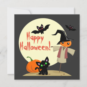 Söt Fågelskrämma & Kitty Halloween-kort Inbjudningar