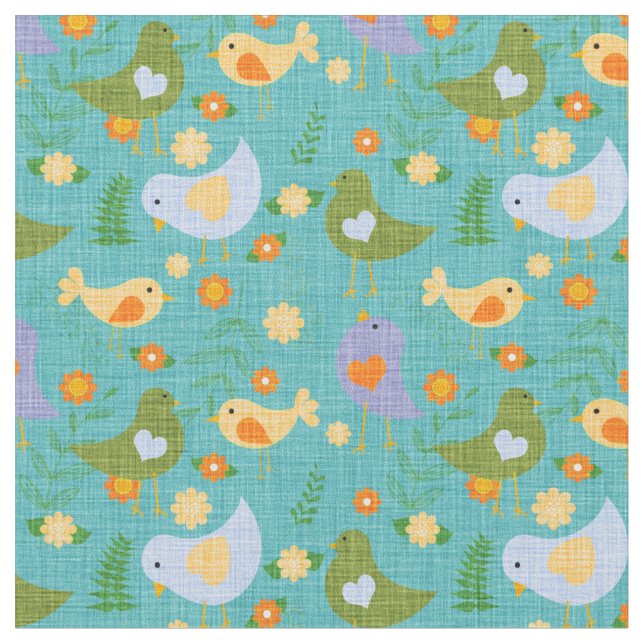 Söt fåglar och blommor på Aqua Fabric Tyg (Närbild)