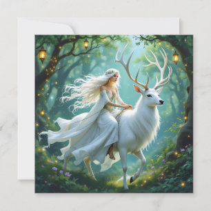 Söt Fairy and White Hjort in Enchanted Forest Kort