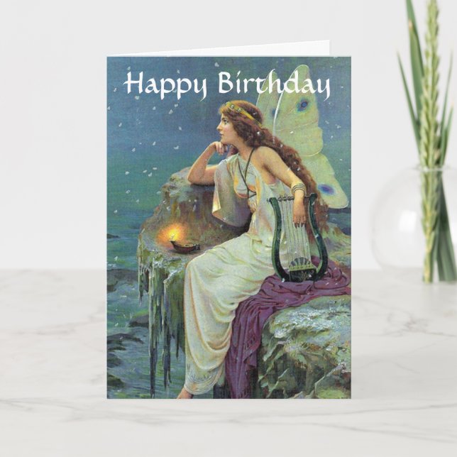 Söt Fairy Fae Harp Candle Ocean Birthday Kort (Framsida)