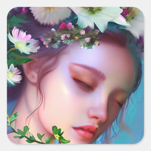 Söt Fairy Flowers in Hair Fantasy Art Fyrkantigt Klistermärke